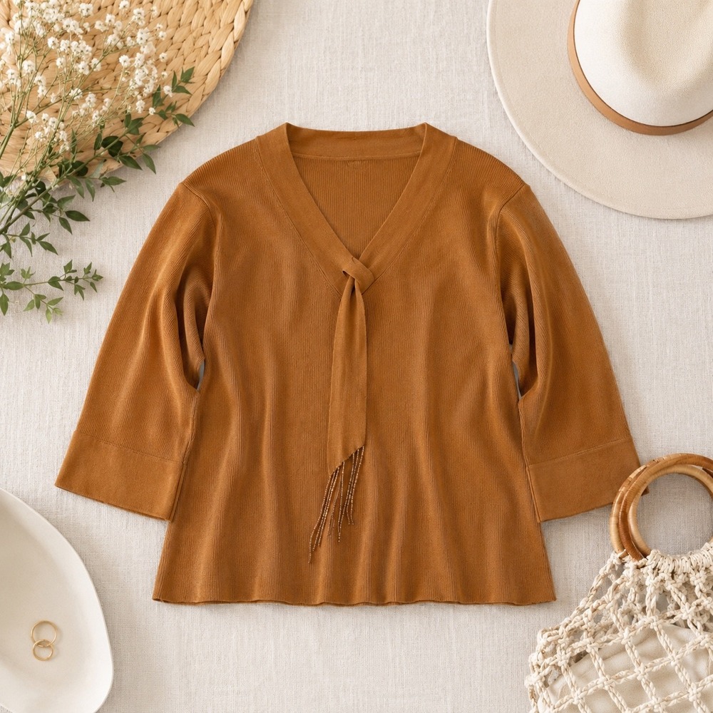 Due Per Due Silk Blend Sweater Women PL Brown Beaded Tie Front Ribbed Knit Top